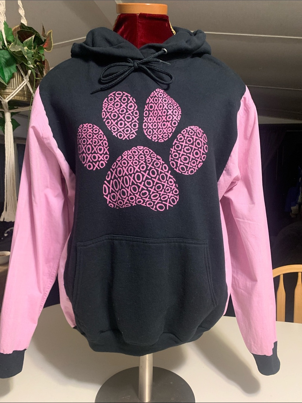 Upcycled Black & Pink Paw Print Hoodie